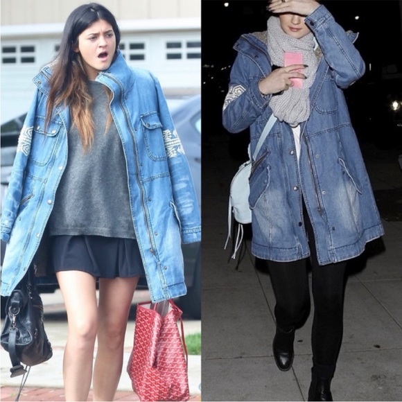 Free People Rendered Denim Sherpa Jacket Faux Fur Lined Embroidered Jean Coat - Picture 10 of 10